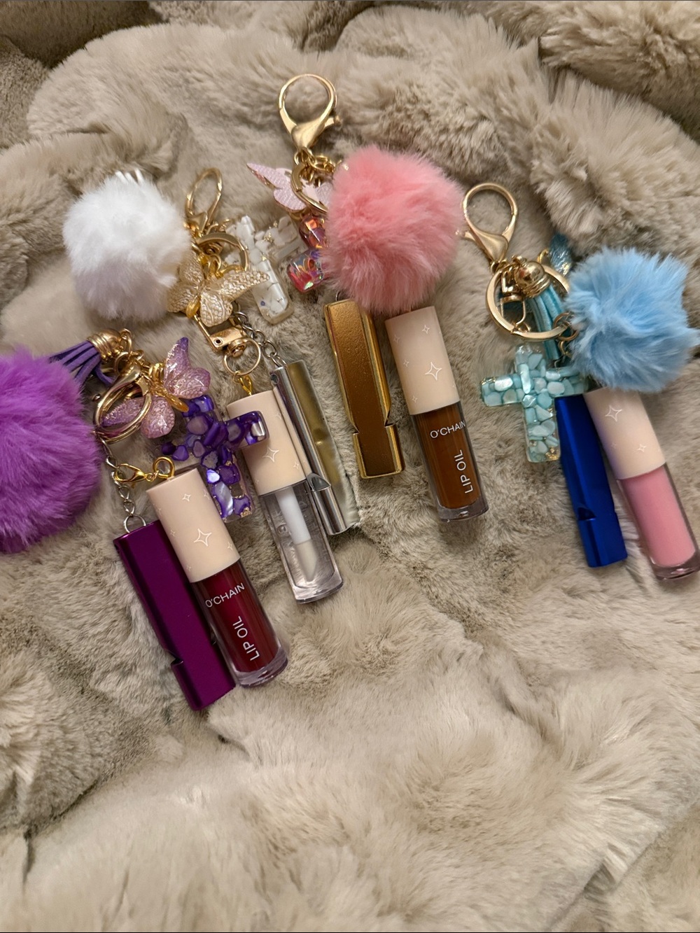 Keychain- Gold-Tone Butterfly & Marble Cross Keychain Charm with Pom Pom - Picture 4 of 6